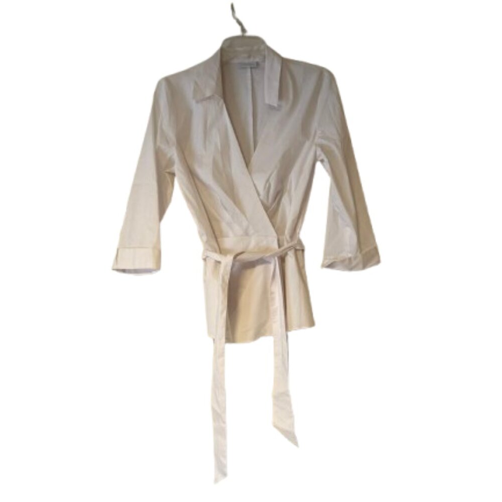 New York & Company Stretch White Wrap Top - Tie Waist - Medium